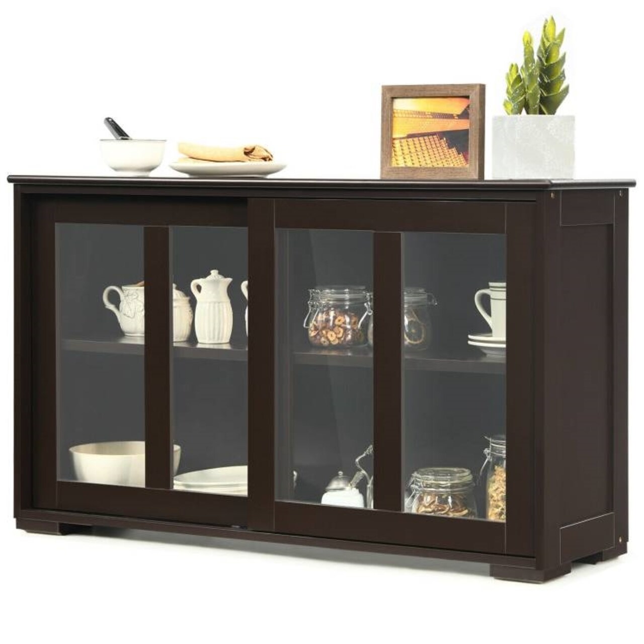 Wood Buffet Sideboard Cabinet with Glass Sliding Doors and 2 Storage Shelves for Kitchen or Dining